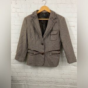 MNG  Brown Plaid Lined Blazer Jacket Womens Size 8 Wool Blend Belted Long Sleeve